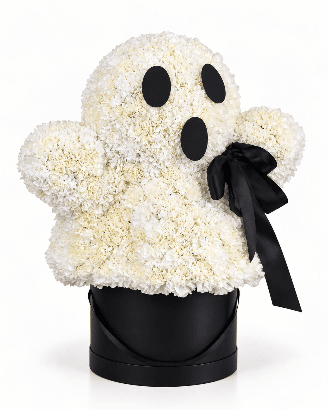 The Boo Box, a ghost sculpted from white roses in a black hat box, from Divina Arrangements' October collection